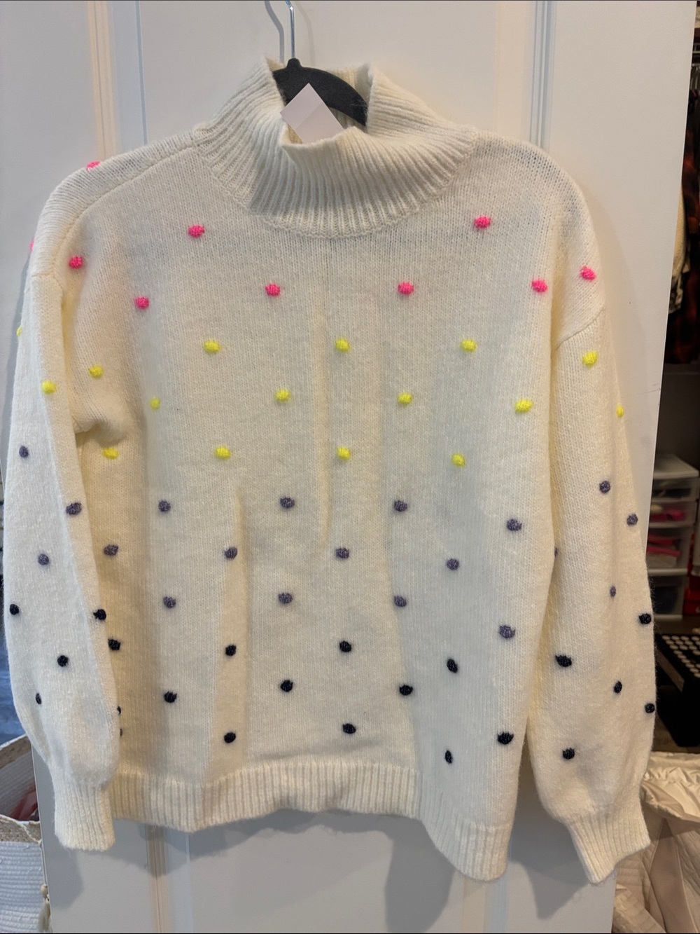 LOFT Cream Mock Neck Sweater with Pink, Yellow & Navy Pom-Poms